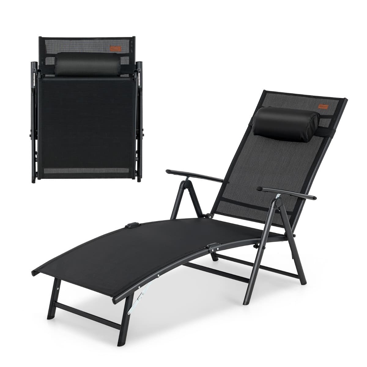 CostwayChaise Longue Pliante Transat Inclinable Portable avec Dossier Réglable sur 7 Positions Bain de Soleil avec Accoudoir Repose-Tête Noir